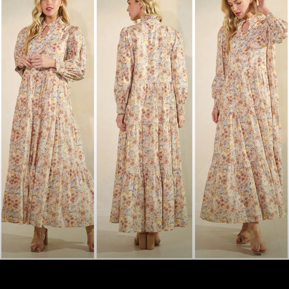 Boho Floral Maxi Dress in Cream and Pink by Lovelo